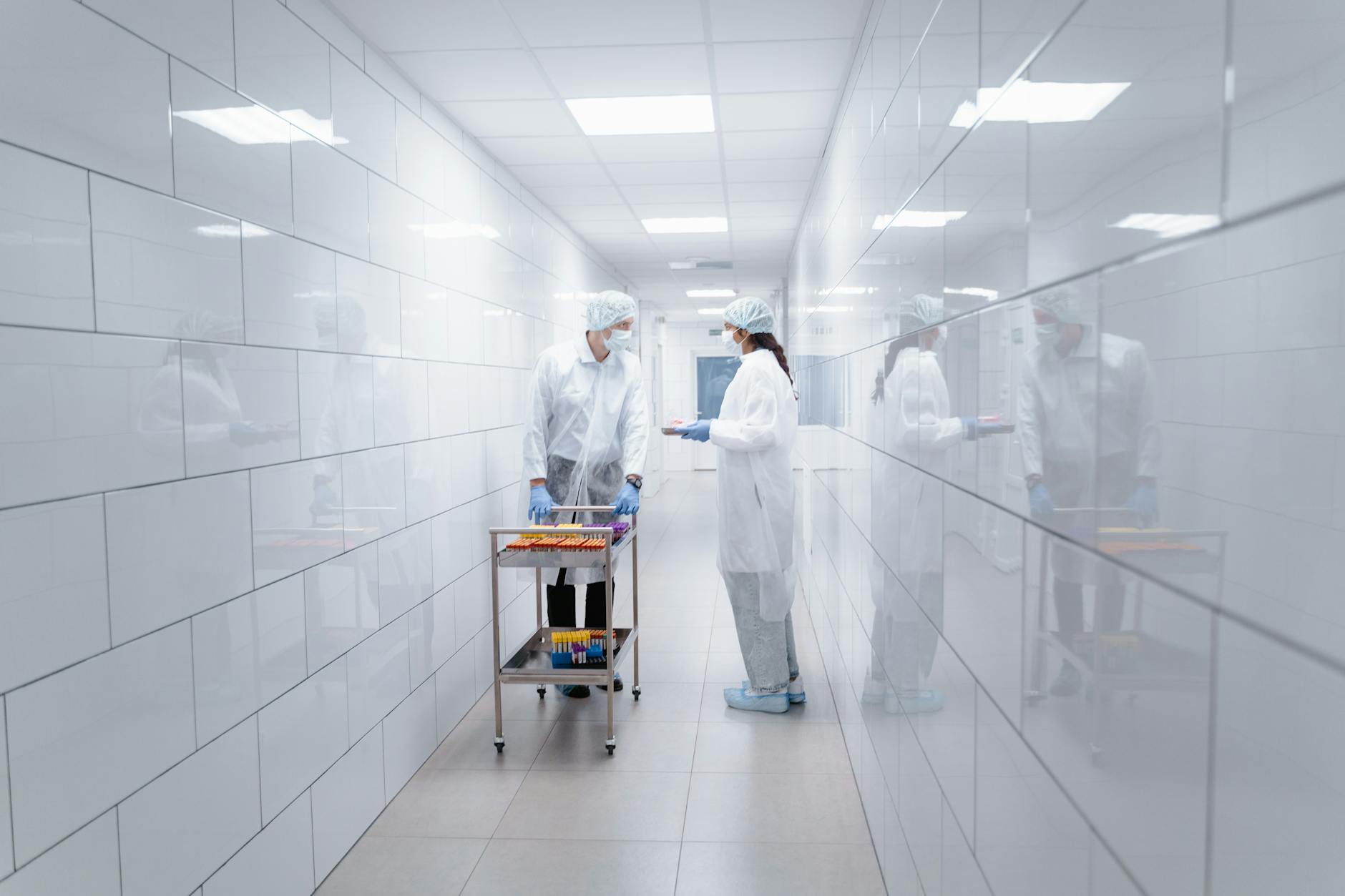 two people in protective suits talking in the corridor