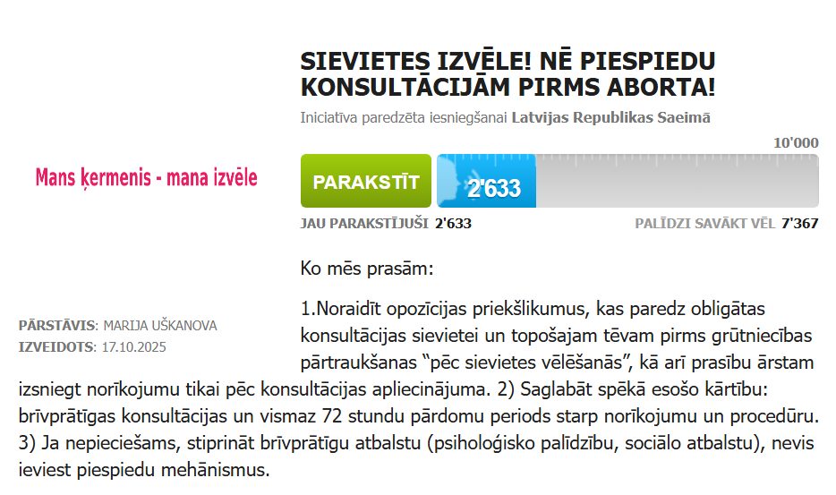 Iniciatīva “Sievietes izvēle! Nē piespiedu konsultācijām pirms aborta!” strauji vāc balsis